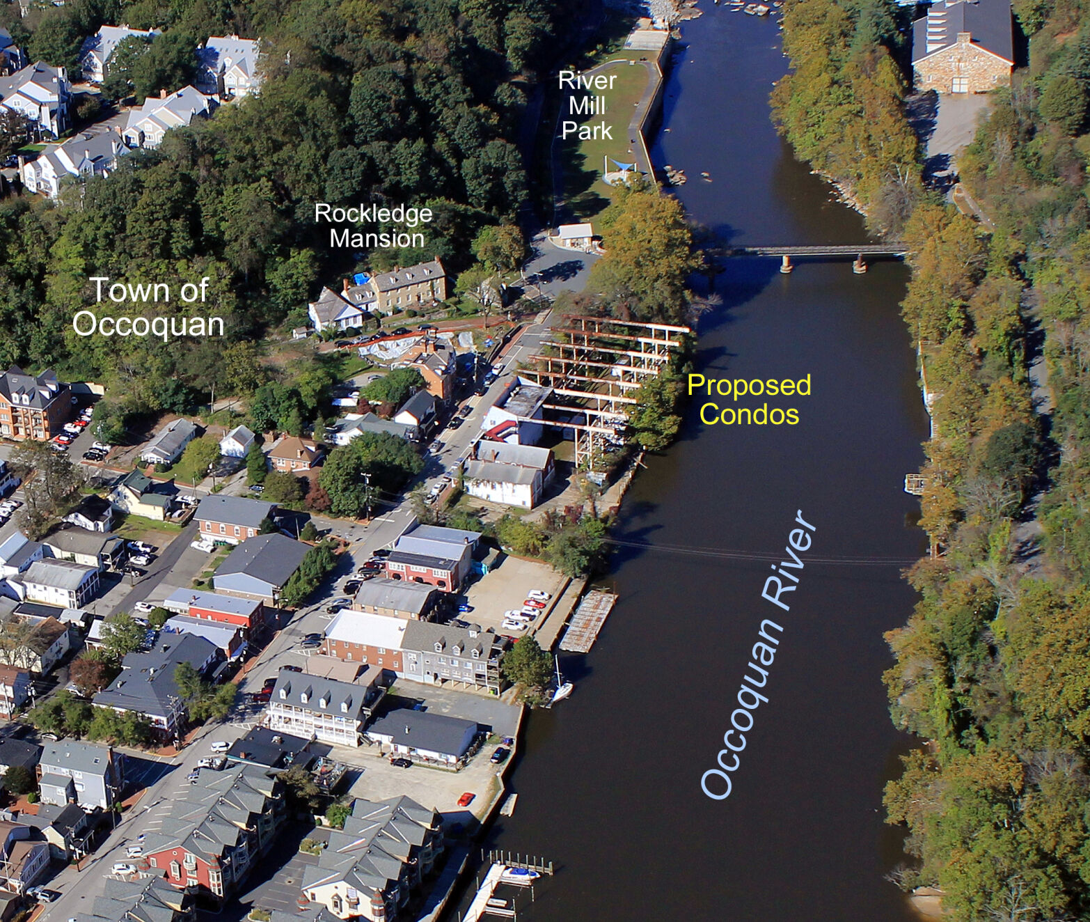 An aerial view of Old Town Occoquan marked for the "Mill at Occoquan"